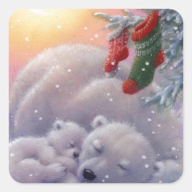 Sleeping Christmas Polar Bears Square Sticker (Front)