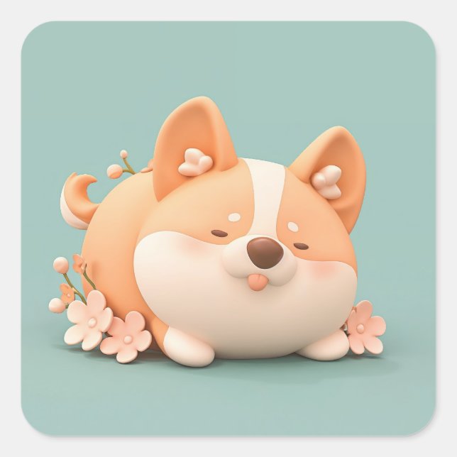 Sleeping Clay Corgi with Pink Blossom Square Sticker (Front)