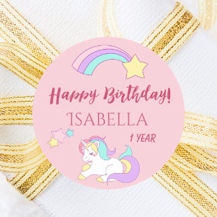 Sleeping cute unicorn magical happy birthday pink classic round sticker