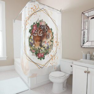 Sleeping Dazzling Fawn, Brown Animal Floral Art Shower Curtain