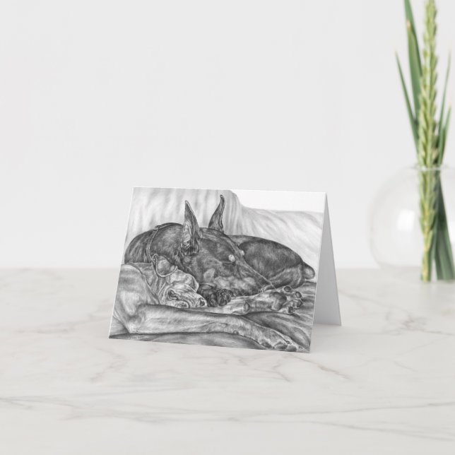 Sleeping Doberman Dogs Drawing by Kelli Swan Card (Front)