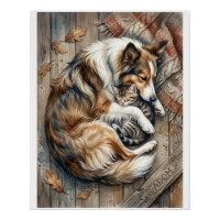 Sleeping Dog And Cat Cuddling Cosy Wood Background