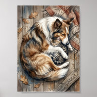 Sleeping Dog And Cat Cuddling Cosy Wood Background