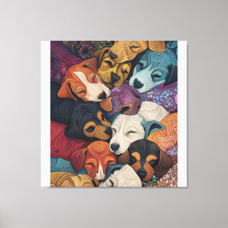 Sleeping Dog Puppy Litter - Pointillism Art Style Canvas Print