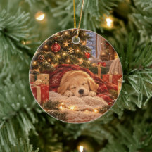 Sleeping Dog Under Christmas Tree Ornament  