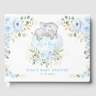 Sleeping Elephant Blue Floral Boy Baby Shower Guest Book
