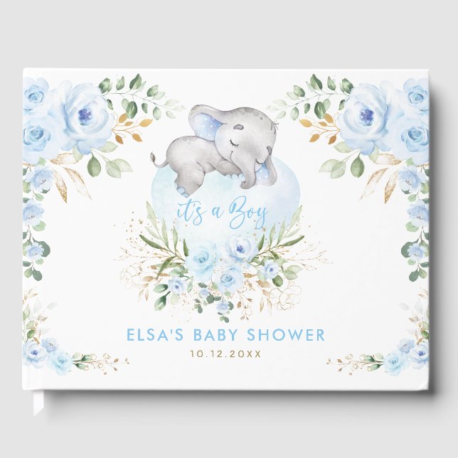 Sleeping Elephant Blue Floral Boy Baby Shower Guest Book (Front)