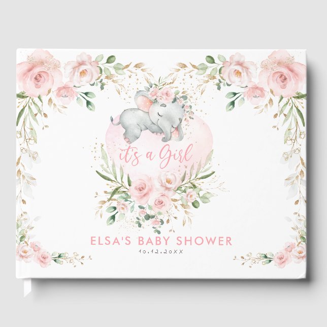 Sleeping Elephant Blush Pink Floral Baby Shower Guest Book (Front)