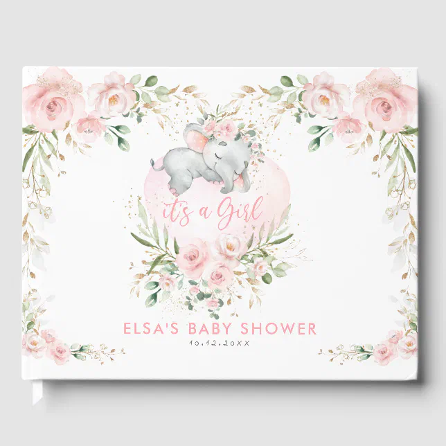 Sleeping Elephant Blush Pink Floral Baby Shower Guest Book | Zazzle