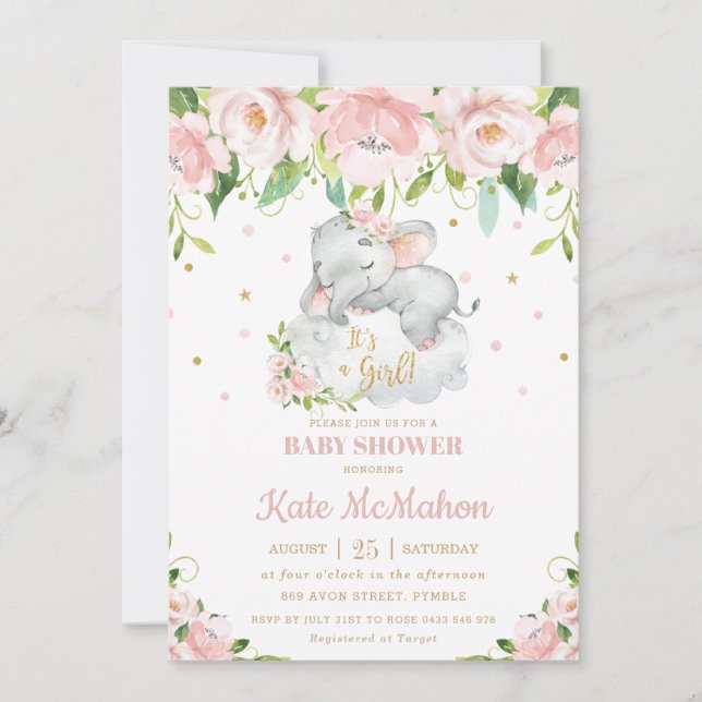 Sleeping Elephant Blush Pink Floral Baby Shower Invitation (Front)
