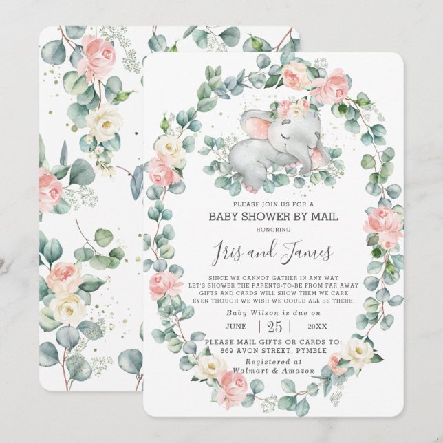 Sleeping Elephant Floral Baby Shower by Mail Girl Invitation (Front/Back)