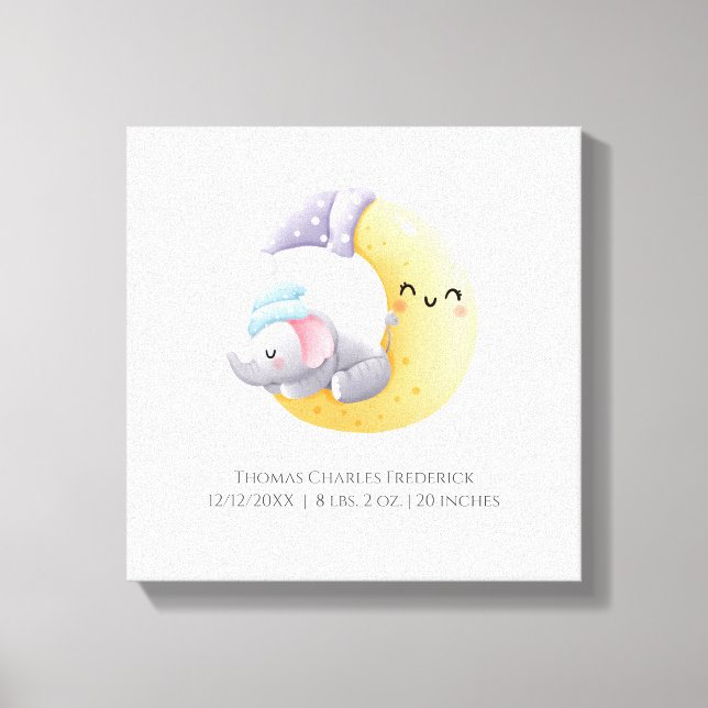 Sleeping Elephant in Moon Personalised Birth Stats Canvas Print (Front)