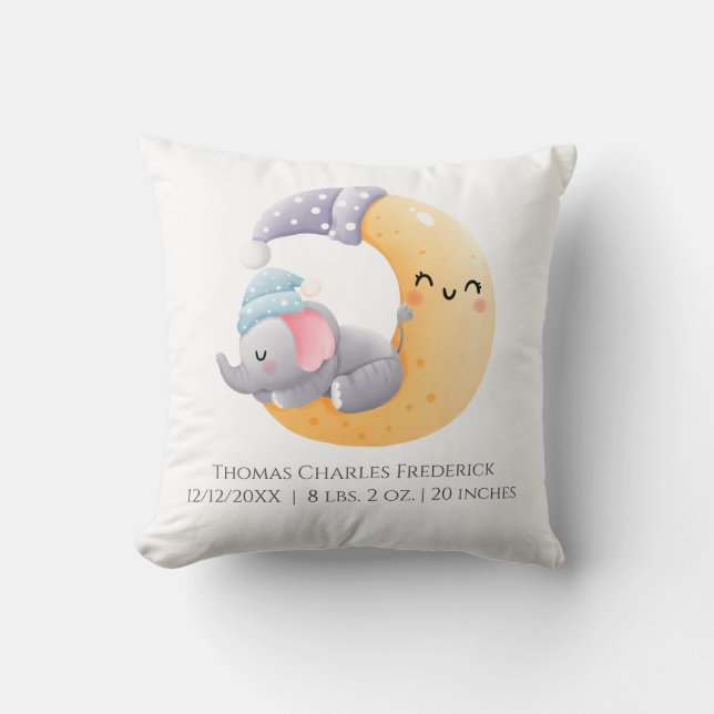 Sleeping Elephant in Moon Personalised Birth Stats Cushion (Front)
