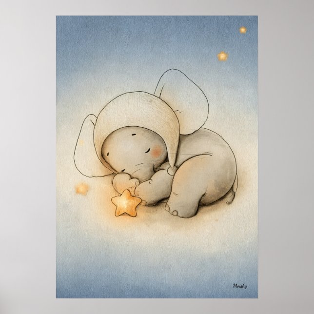 Sleeping Elephant Nursery Baby Illustration Poster (Front)