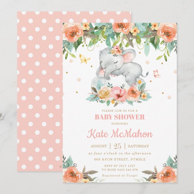 Sleeping Elephant Peach Pink Floral Baby Shower Invitation (Front/Back)