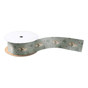 Sleeping Fawn and Winter Flora Sage Satin Ribbon