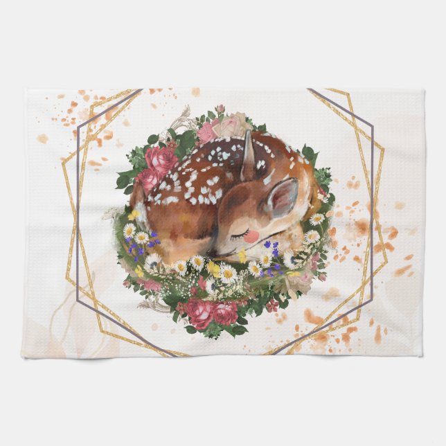 Sleeping Fawn, Brown Animal Floral Art Tea Towel (Horizontal)