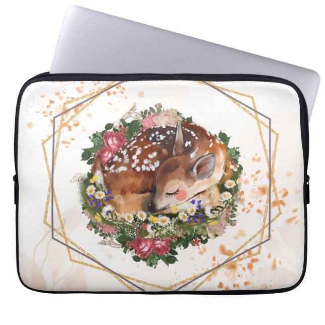 Sleeping Fawn, Stylised Brown Animal Illustration Laptop Sleeve (Front)