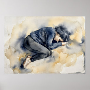 Sleeping Figure Blue Watercolour Poster