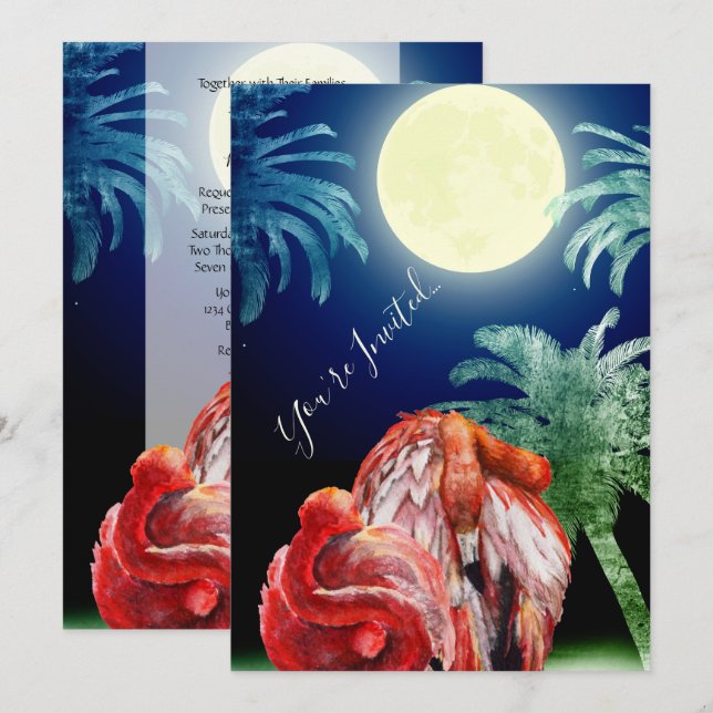 Sleeping Flamingos and Moon Tropical Beach Wedding Invitation (Front/Back)