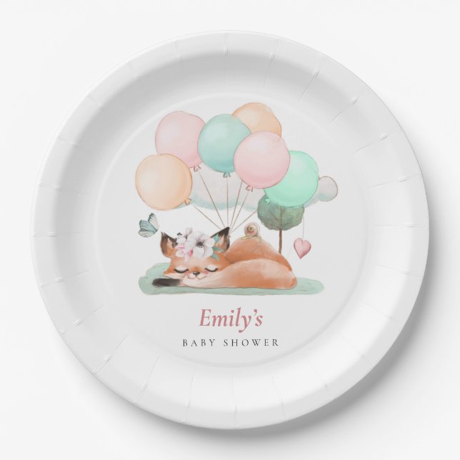 Sleeping Fox Balloons Name Pink Baby Shower Paper Plate (Front)