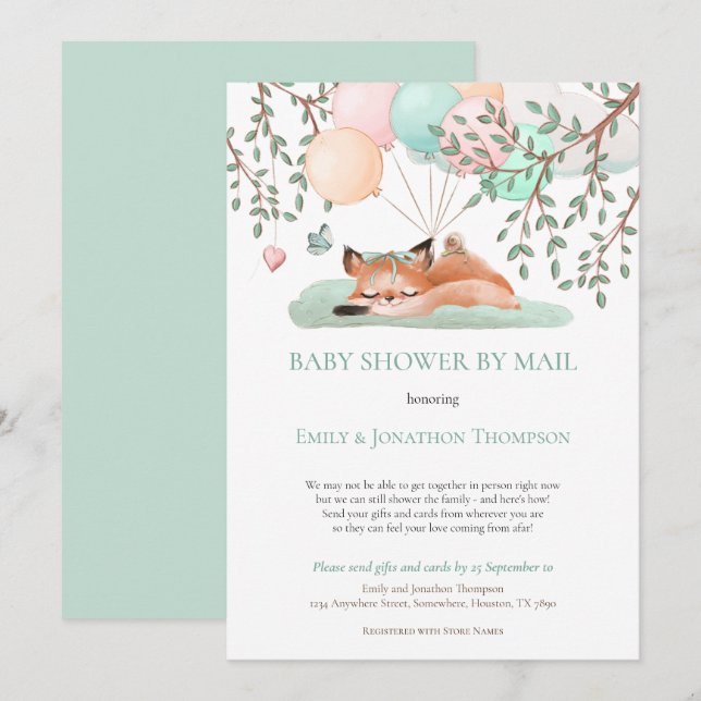 Sleeping Fox Balloons Teal Baby Shower By Mail Invitation (Front/Back)