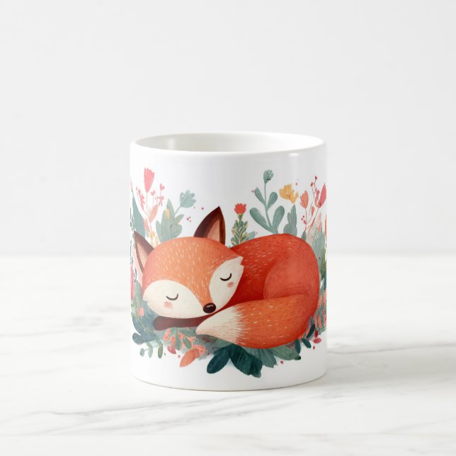 Sleeping Fox Floral Cute Illustration Coffee Mug (Center)