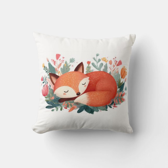 Sleeping Fox Floral Cute Illustration Cushion (Front)