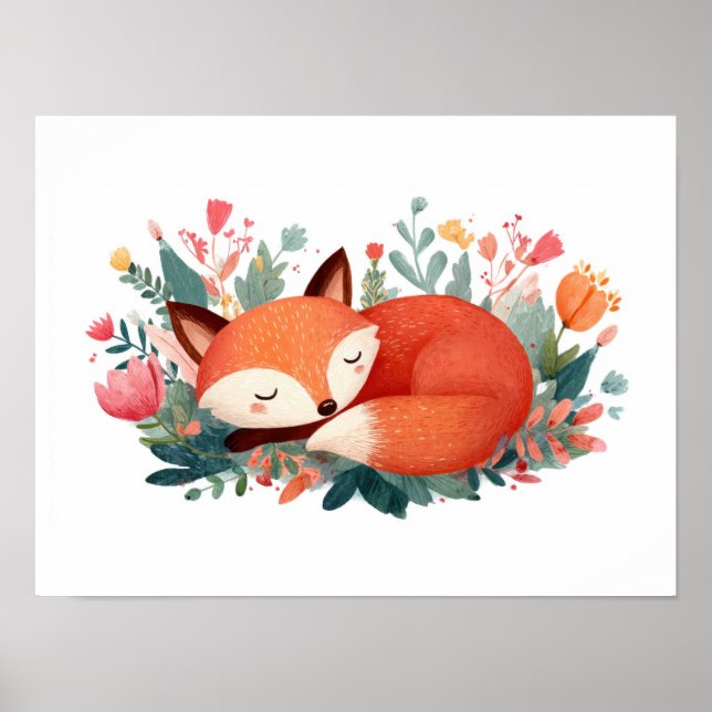 Sleeping Fox Floral Cute Illustration Poster (Front)