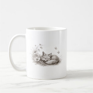 Sleeping Fox in Bloom Soft Monochrome Woodland on Coffee Mug