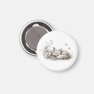 Sleeping Fox in Bloom Soft Monochrome Woodland on Magnet