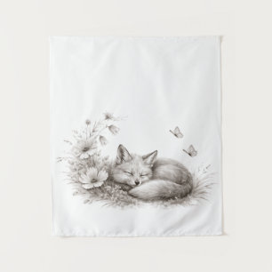 Sleeping Fox in Bloom Soft Monochrome Woodland on Tapestry