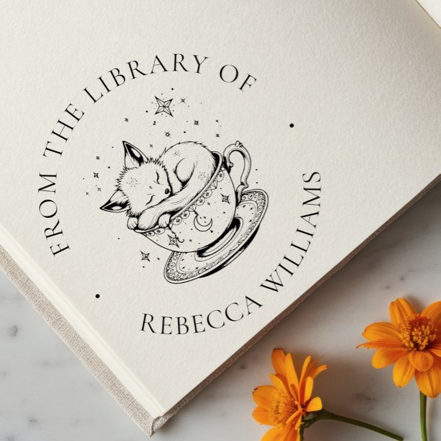 Sleeping Fox in Magical Teacup Bookplate Library Rubber Stamp (Creator Uploaded)