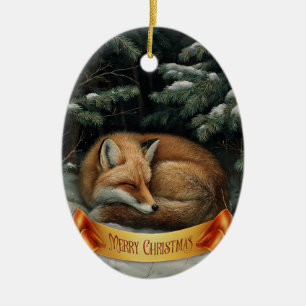 Sleeping Fox in Winter Forest Ceramic Tree Decoration