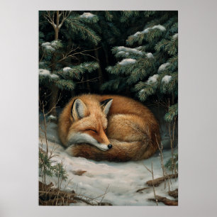 Sleeping Fox in Winter Forest Poster