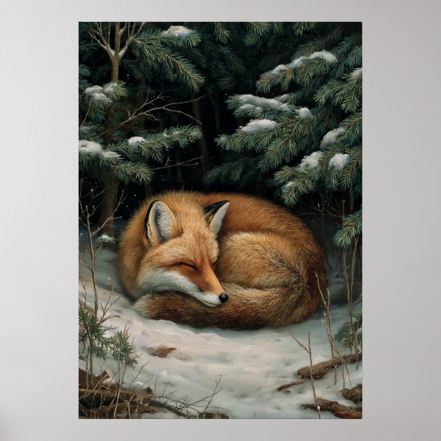 Sleeping Fox in Winter Forest Poster (Front)