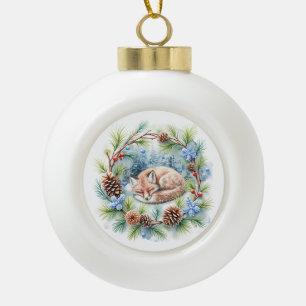 Sleeping Fox in Winter Wreath Holiday Ceramic Ball Christmas Ornament
