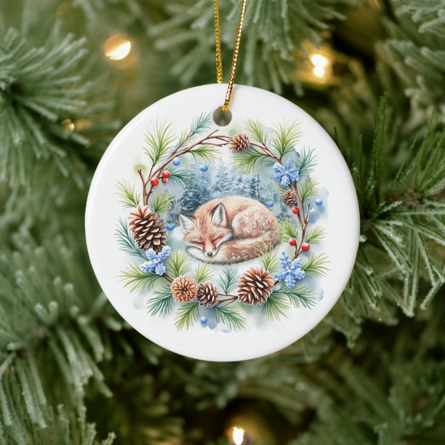 Sleeping Fox in Winter Wreath Holiday Ceramic Tree Decoration (Tree)