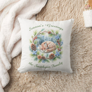 Sleeping Fox in Winter Wreath Holiday Cushion