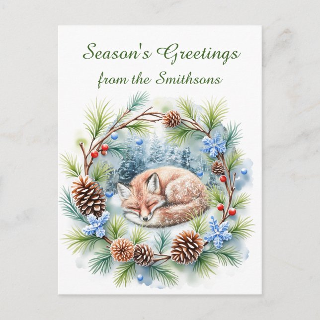 Sleeping Fox in Winter Wreath Holiday Postcard (Front)