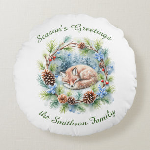 Sleeping Fox in Winter Wreath Holiday Round Cushion