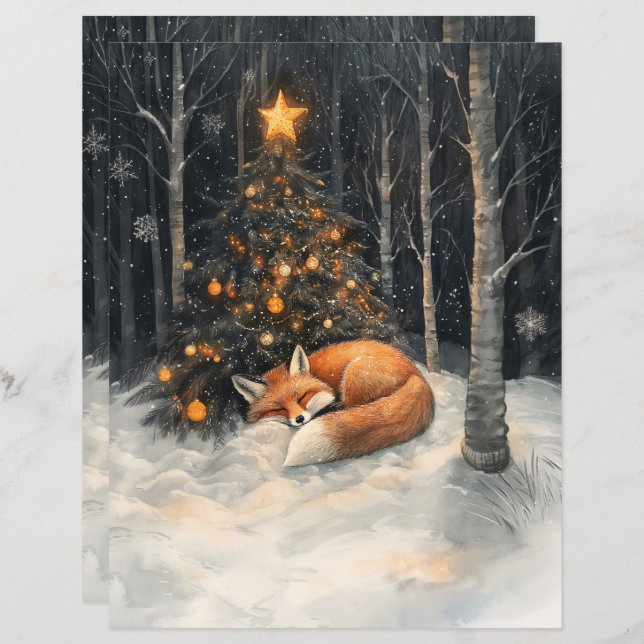 Sleeping Fox Rustic Christmas Scrapbook Paper (Front/Back)