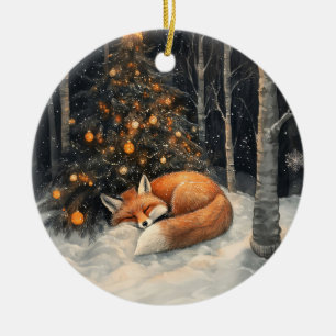 Sleeping Fox Whimsical Rustic Christmas Ceramic Tree Decoration