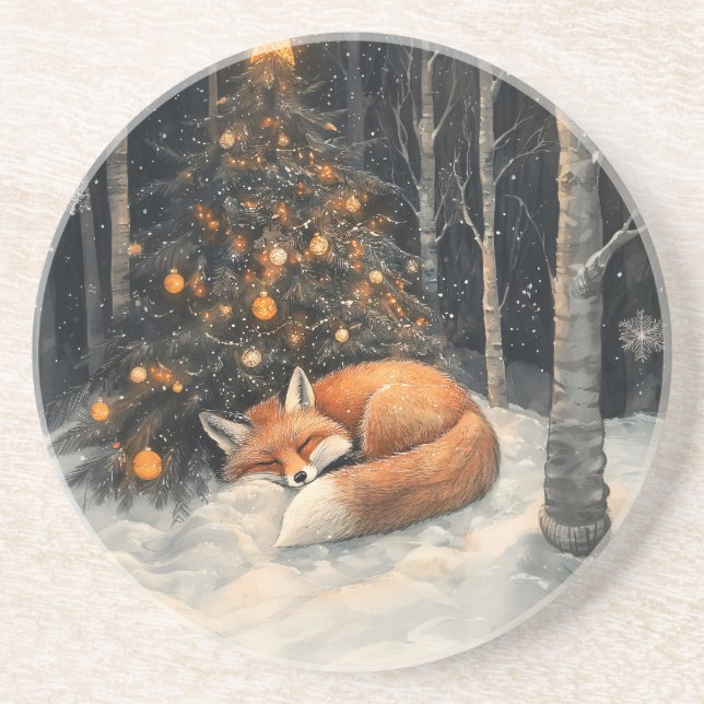 Sleeping Fox Whimsical Rustic Christmas Coaster (Front)