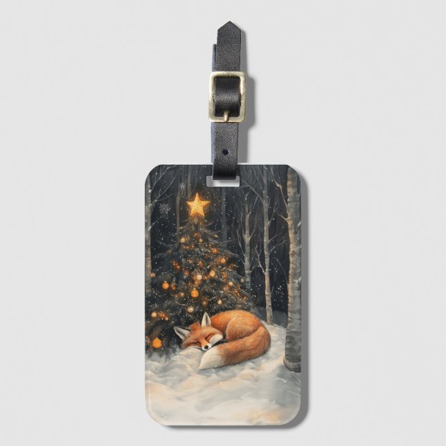 Sleeping Fox Whimsical Rustic Christmas Luggage Tag (Front Vertical)