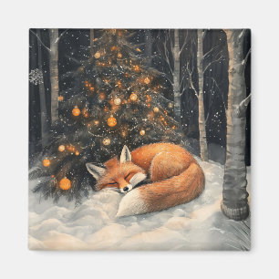 Sleeping Fox Whimsical Rustic Christmas Magnet