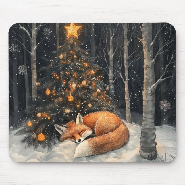 Sleeping Fox Whimsical Rustic Christmas Mouse Mat (Front)