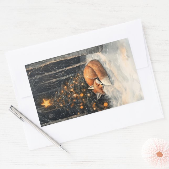 Sleeping Fox Whimsical Rustic Christmas Rectangular Sticker (Envelope)