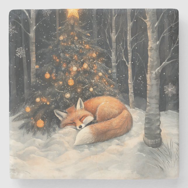 Sleeping Fox Whimsical Rustic Christmas Stone Coaster (Front)