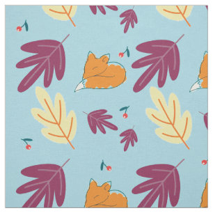 Sleeping Foxes and Autumn Leaves Pattern Fabric